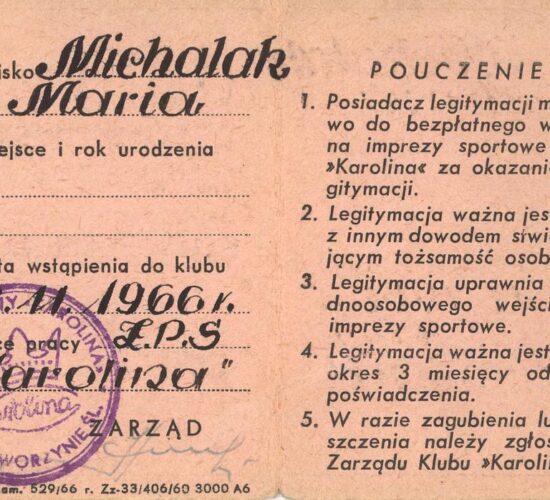 Dokument – legitymacja członkowska Klubu Sportowego Karolina, 1966 r.
